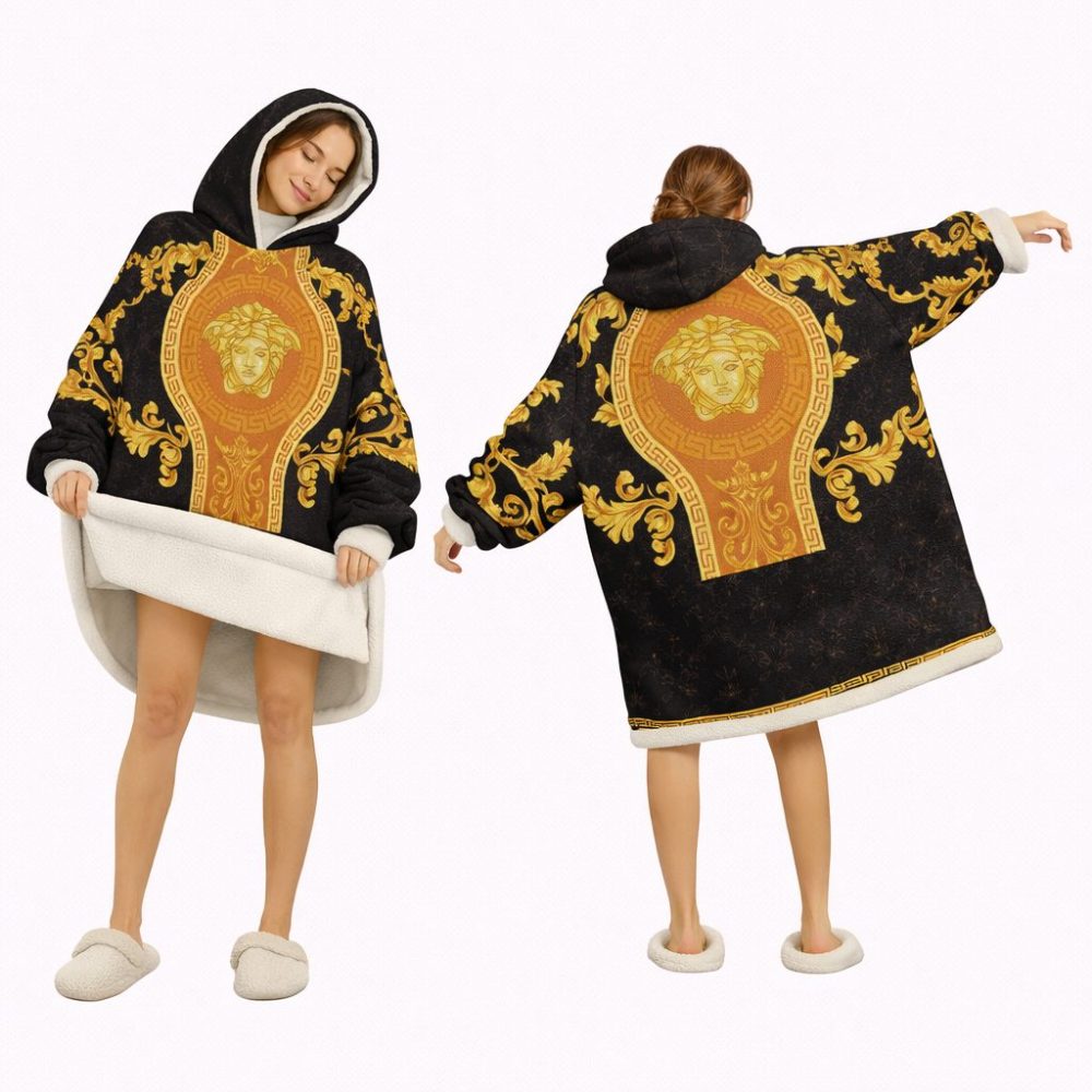 Black Luxury Golden Versace Blanket Hoodie , Cozy Wearable Blanket Hoodie