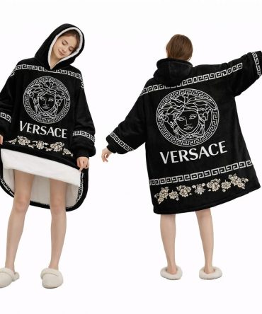 Black And Floral White Versace Blanket Hoodie , Cozy Wearable Blanket Hoodie