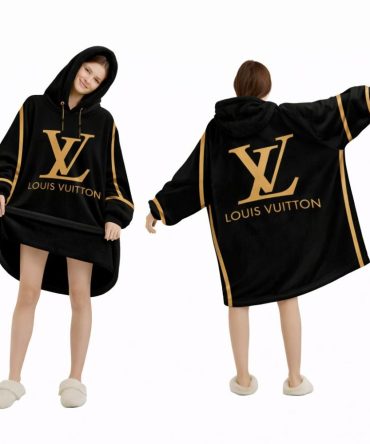 Black And Gold Louis Vuitton Blanket Hoodie , Cozy Wearable Blanket Hoodie
