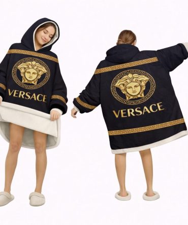 Black And Gold Luxury Stripe Versace Blanket Hoodie , Cozy Wearable Blanket Hoodie
