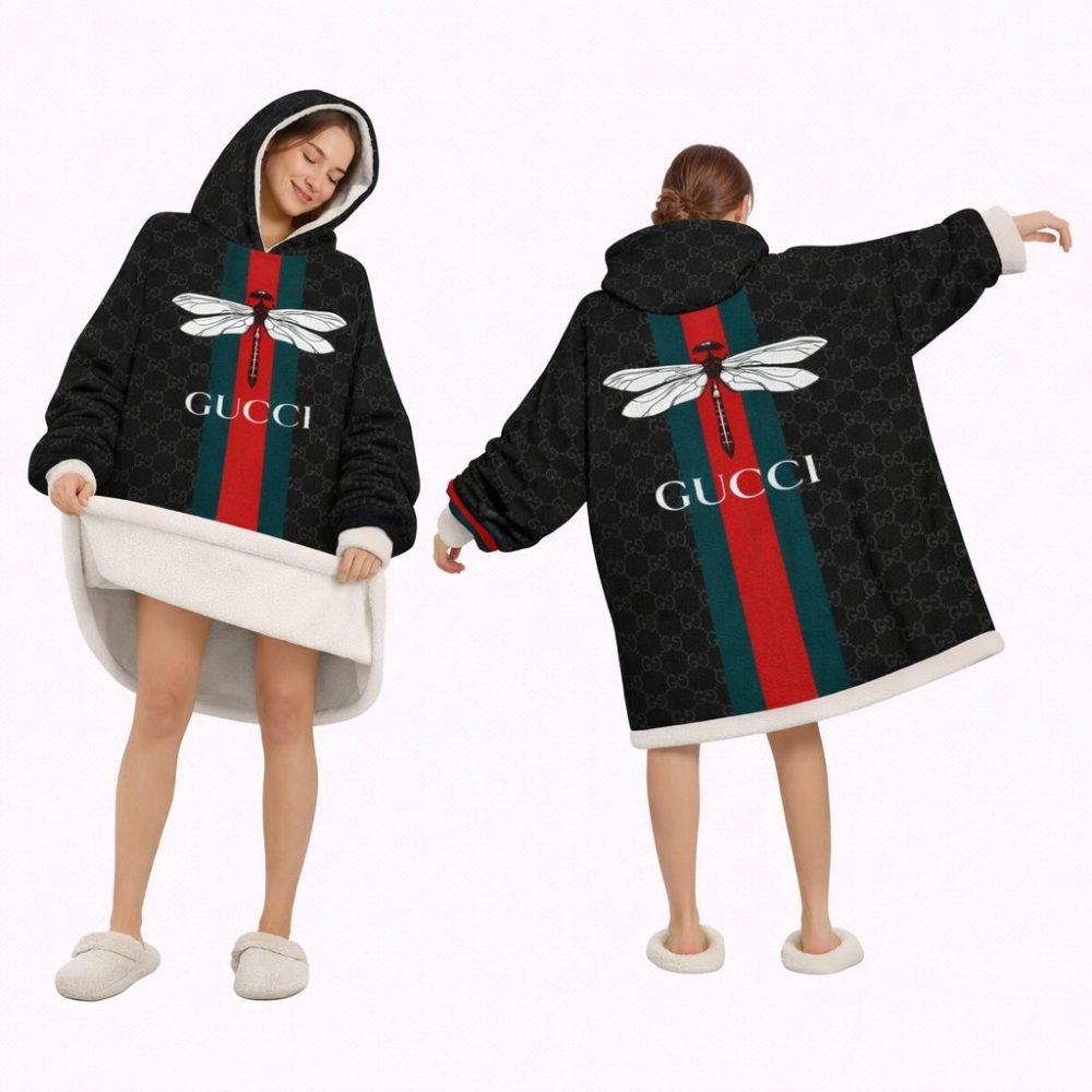 Black And Green Red Lined Gucci Blanket Hoodie , Cozy Wearable Blanket Hoodie