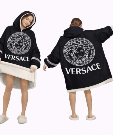 Black And White Logo Versace Blanket Hoodie , Cozy Wearable Blanket Hoodie