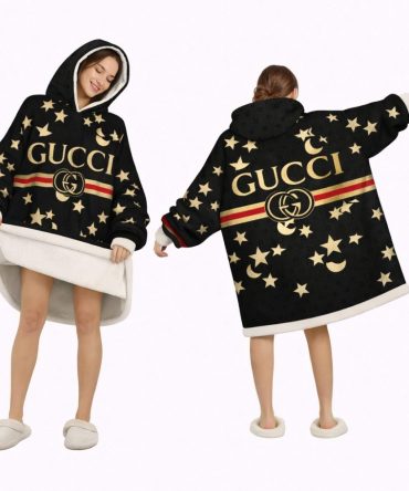 Black With Gold Stars Gucci Blanket Hoodie , Cozy Wearable Blanket Hoodie