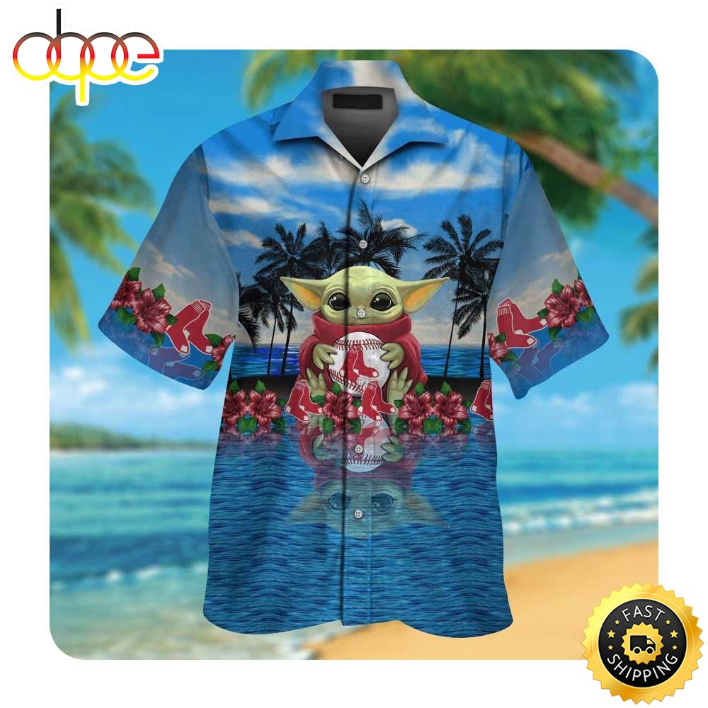 Boston Red Sox Baby Yoda Short Sleeve Button Up Tropical Aloha Hawaiians Mlb Shirt