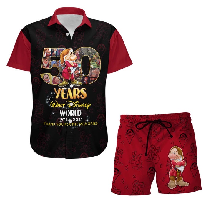 Grumpy Dwarf Red 50Th Anniversary Glitter Castle Disney Hawaiian Summer Vacation Button Down Shirt Shorts Set Unisex Outfits