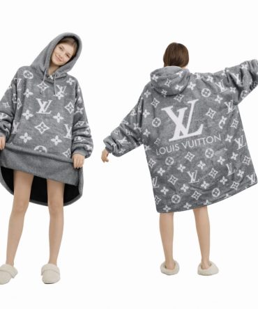 Gray And White Louis Vuitton Blanket Hoodie , Cozy Wearable Blanket Hoodie