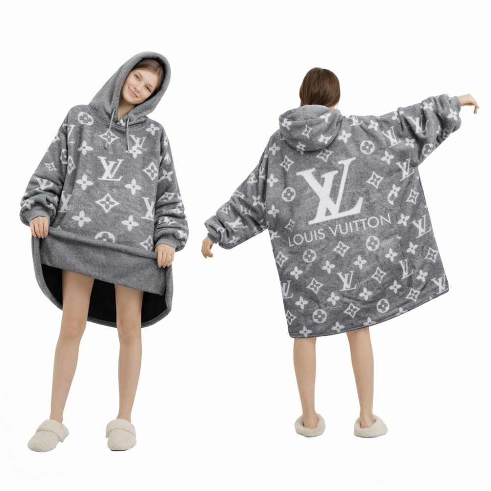 Gray And White Louis Vuitton Blanket Hoodie , Cozy Wearable Blanket Hoodie