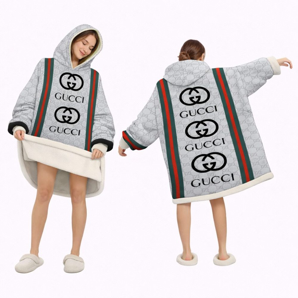 Gray With Black Logo Gucci Blanket Hoodie , Cozy Wearable Blanket Hoodie