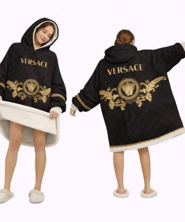 Luxury Black And Gold Versace Blanket Hoodie , Cozy Wearable Blanket Hoodie