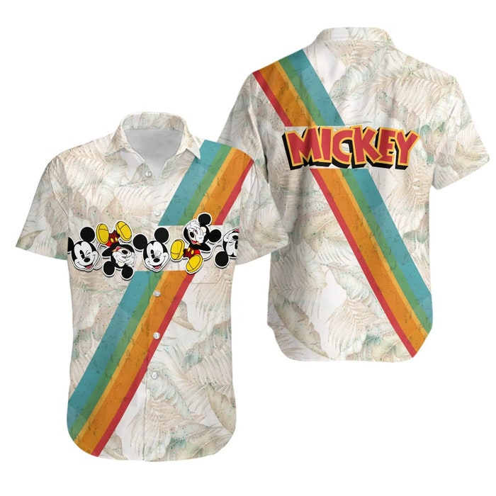 Mickey Rainbow Stripe Summer Tropical Print Disney Hawaiian Button Down Shirt Shorts Set Unisex Outfits - Image 2
