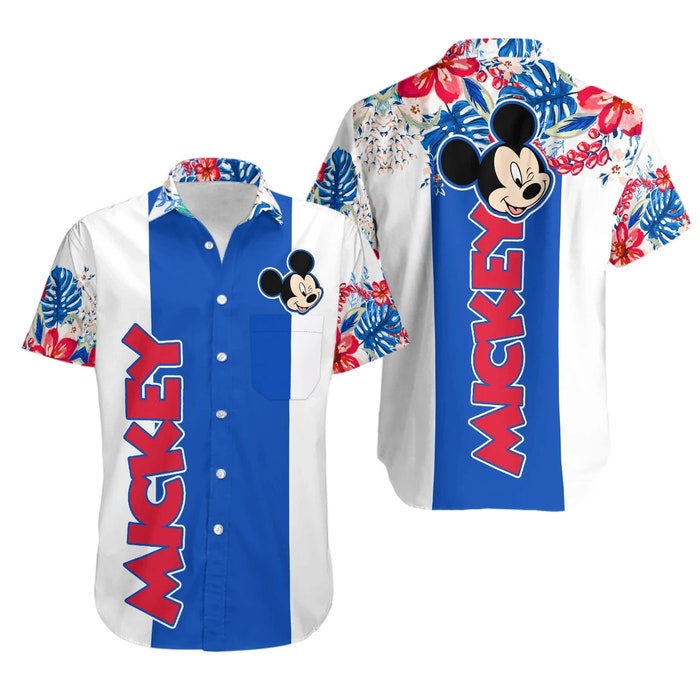 Mickey Floral Stripe Summer Tropical Print Disney Hawaiian Button Down Shirt Shorts Set Unisex Outfits - Image 2