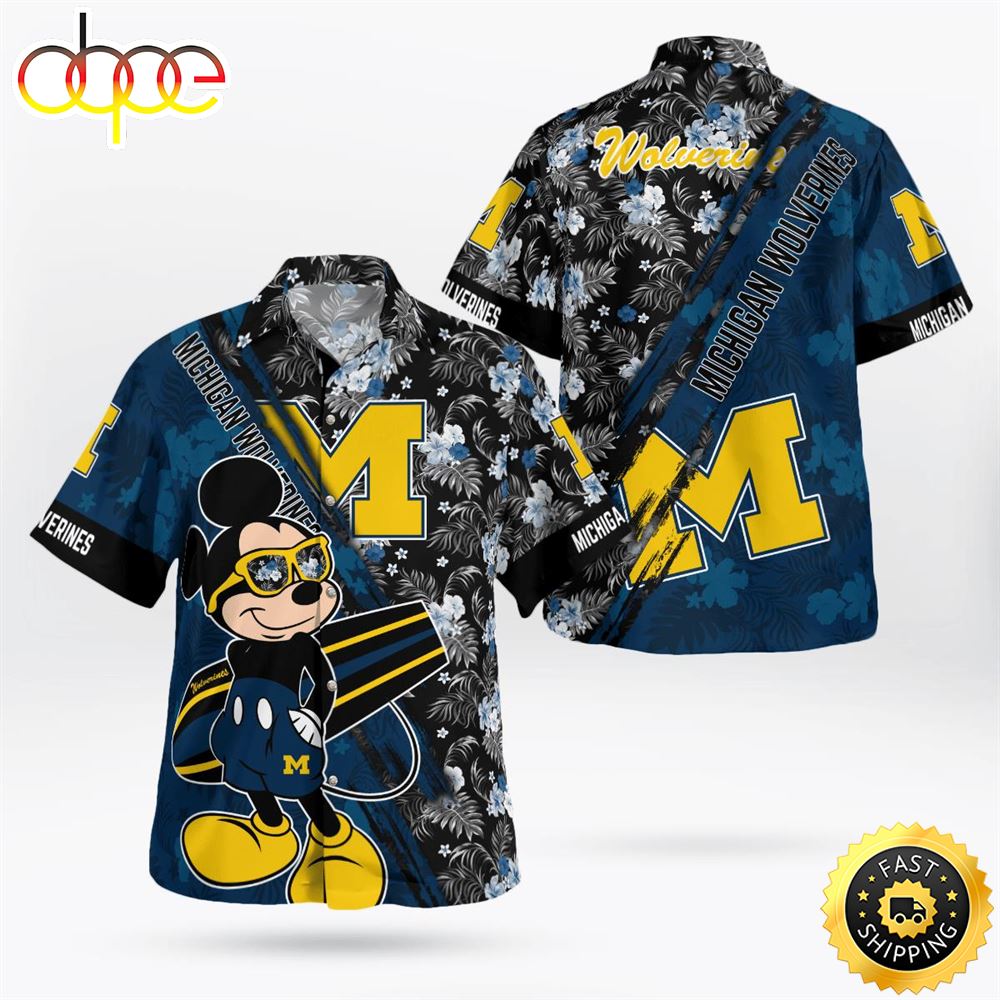 Michigan Wolverines Mickey Mouse Floral Short Sleeve Hawaii Shirt