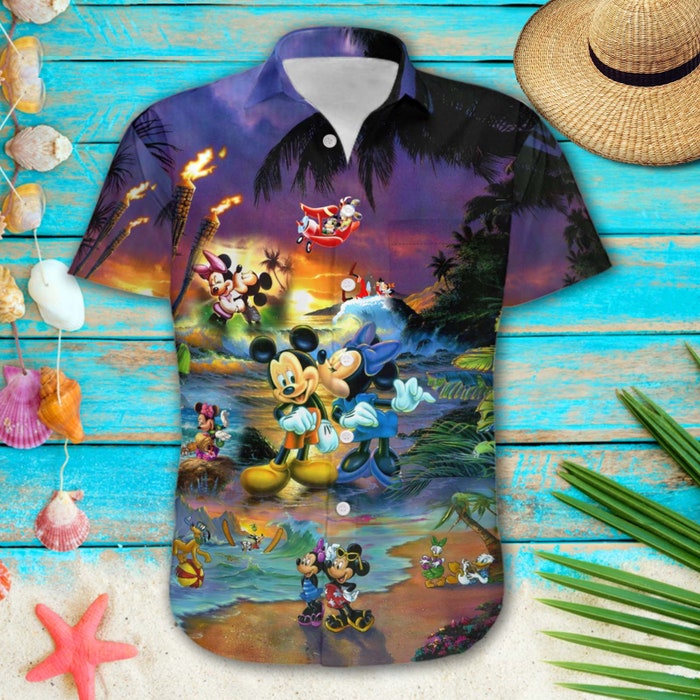 Mickey & Minnie Mouse Sunset Beach Disney Hawaiian Button Down Shirt Vacation Cartoon Outfits - Image 2