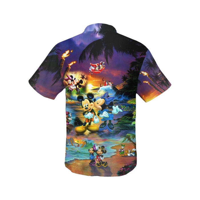 Mickey & Minnie Mouse Sunset Beach Disney Hawaiian Button Down Shirt Vacation Cartoon Outfits - Image 3