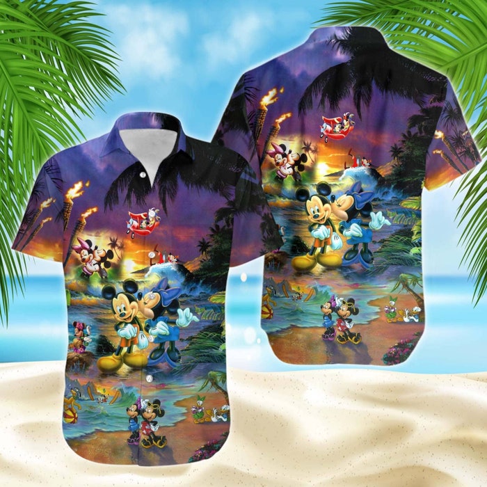 Mickey & Minnie Mouse Sunset Beach Disney Hawaiian Button Down Shirt Vacation Cartoon Outfits - Image 4