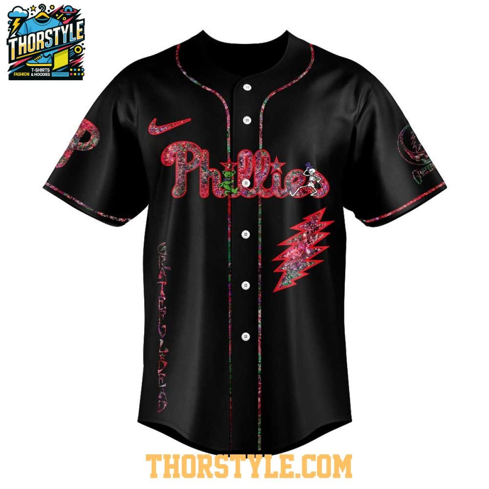 Philadelphia Phillies Celebrating Grateful Dead Night Black Baseball Jersey - Image 2
