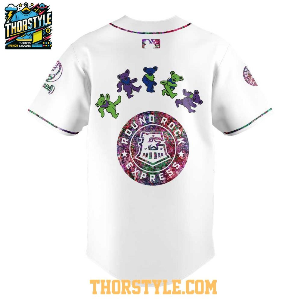 Round Rock Express Celebrating Grateful Dead Night White Baseball Jersey - Image 3