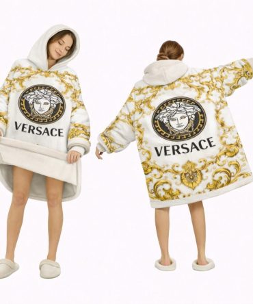 White Luxury Golden Versace Blanket Hoodie , Cozy Wearable Blanket Hoodie
