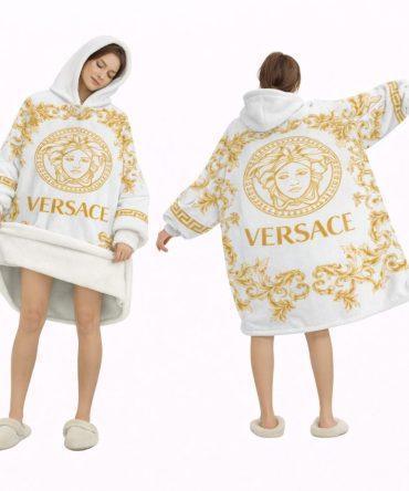 White And Floral Gold Versace Blanket Hoodie , Cozy Wearable Blanket Hoodie