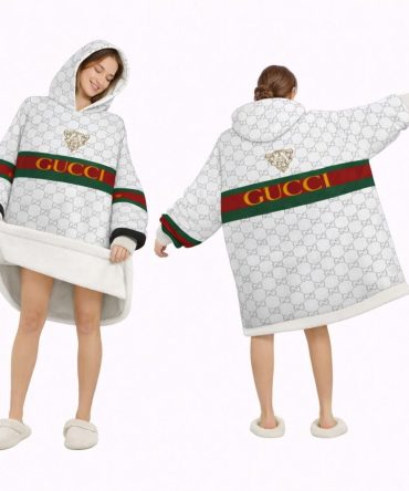 White And Green Red Lined Gucci Blanket Hoodie , Cozy Wearable Blanket Hoodie