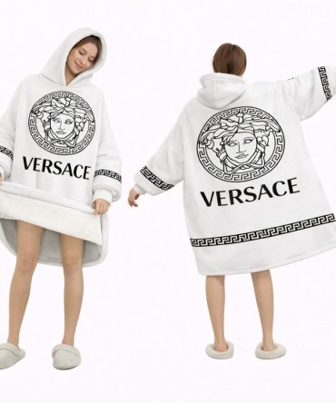 White And Black Design Versace Blanket Hoodie , Cozy Wearable Blanket Hoodie