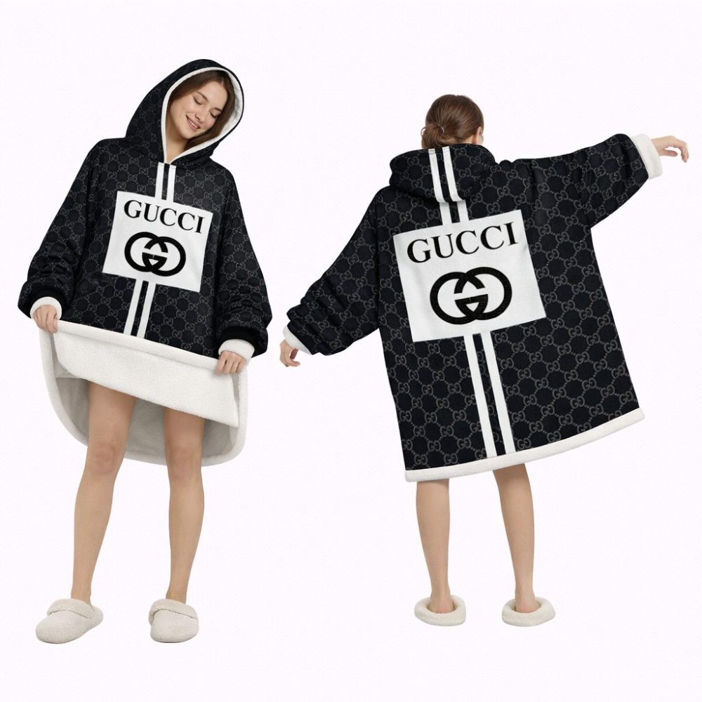 White And Line Black Gucci Blanket Hoodie , Cozy Wearable Blanket Hoodie