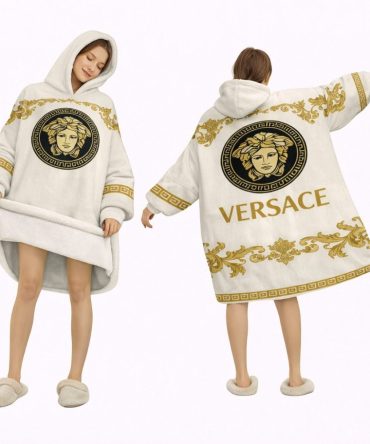 White And Luxury Gold Versace Blanket Hoodie , Cozy Wearable Blanket Hoodie