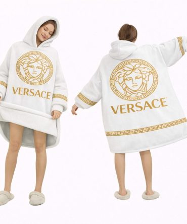 White And Luxury Gold Logo Versace Blanket Hoodie , Cozy Wearable Blanket Hoodie