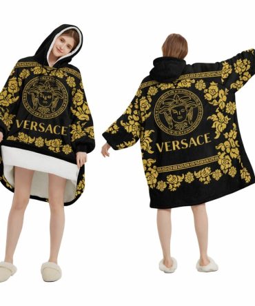 Black And Floral Gold Versace Blanket Hoodie , Cozy Wearable Blanket Hoodie
