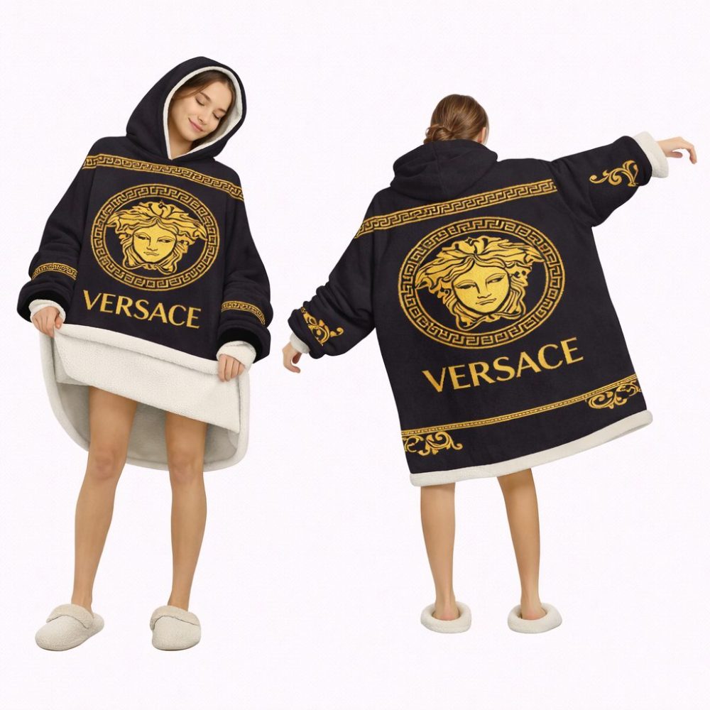 Black And Gold Versace Blanket Hoodie , Cozy Wearable Blanket Hoodie
