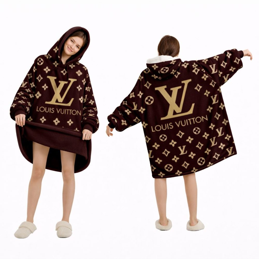 Brown And Gold Louis Vuitton Blanket Hoodie , Cozy Wearable Blanket Hoodie