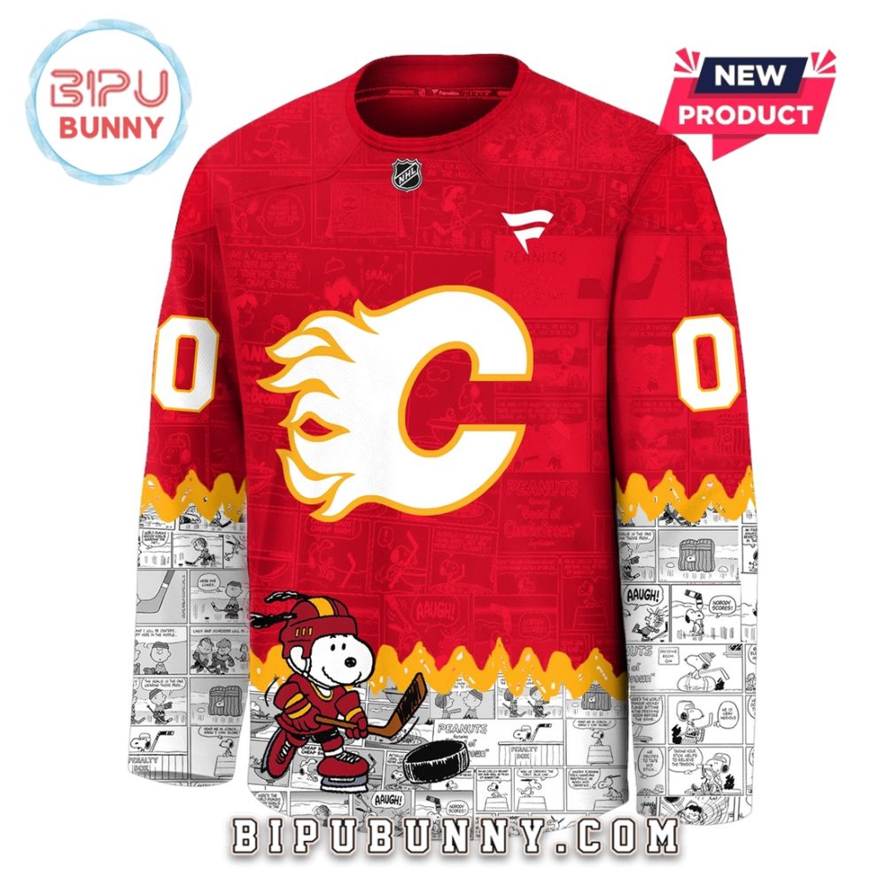 Calgary Flames 75Th Anniversary Peanuts Snoopy Hockey Jersey - Image 2