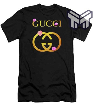 Gucci Shirt, Gucci Golden Logo Pinky Flowers Black Luxury Brand T-Shirt Gift For Men Women Special