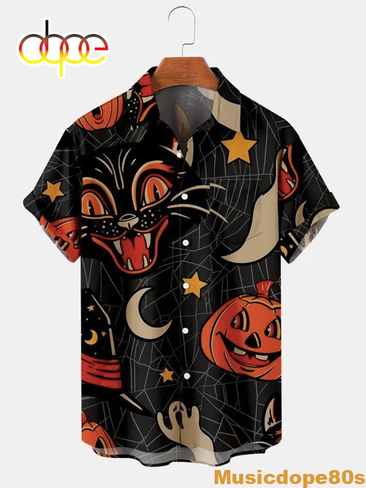 Halloween Pumpkin Cat Print Shirt
