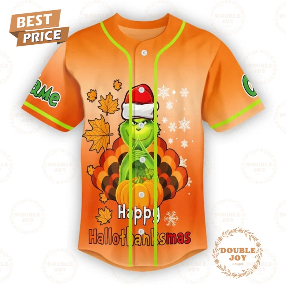 How The Grinch Stole Thanksgiving Happy Hallothanksmas Custom Name Baseball Jersey - Image 2