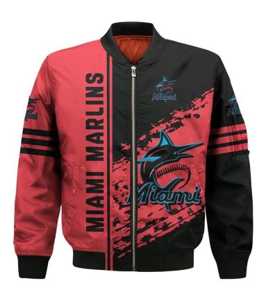 Miami Marlins Bomber Jacket 3D Printed Logo Pattern In Team Colours