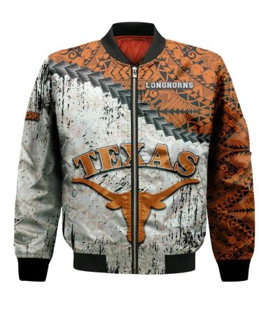 Texas Longhorns Bomber Jacket 3D Printed Grunge Polynesian Tattoo