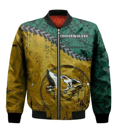 Unbc Timberwolves Bomber Jacket 3D Printed Grunge Polynesian Tattoo