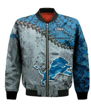 Detroit Lions Bomber Jacket 3D Printed Grunge Polynesian Tattoo