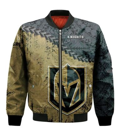 Vegas Golden Knights Bomber Jacket 3D Printed Grunge Polynesian Tattoo