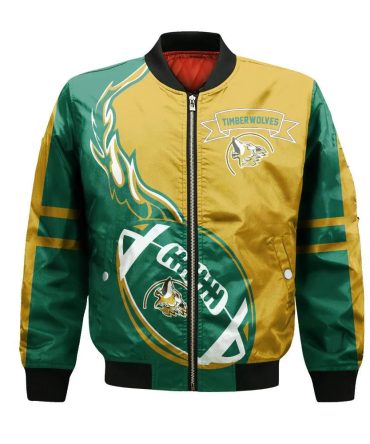 Unbc Timberwolves Bomber Jacket 3D Printed Flame Ball Pattern