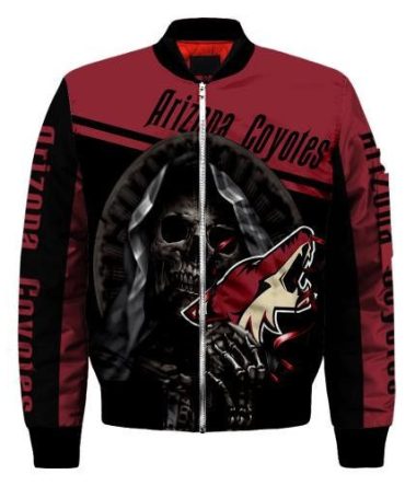 Arizona Coyotes Logo With Skull Pattern Bomber Jacket- Red/Black