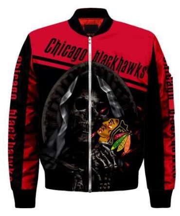 Chicago Blackhawks Logo With Skull Pattern Bomber Jacket- Red/Black