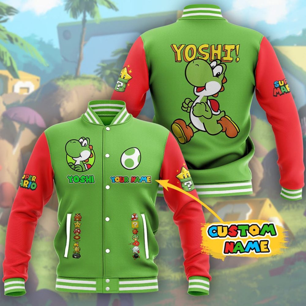 Super Mario Yoshi Custom Name Baseball Jacket