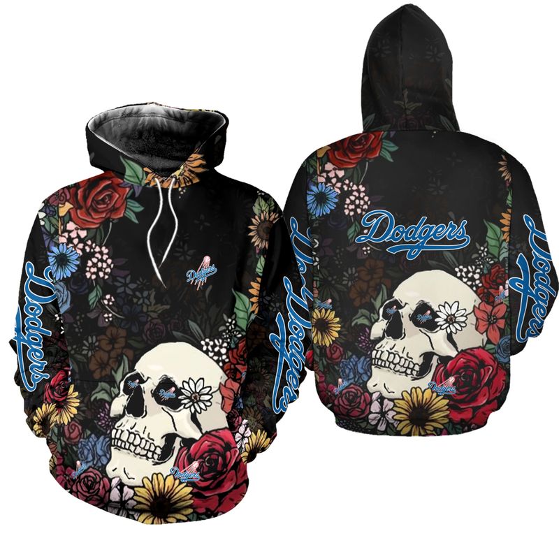 Los Angeles Dodgers Skull And Flowers Hoodie