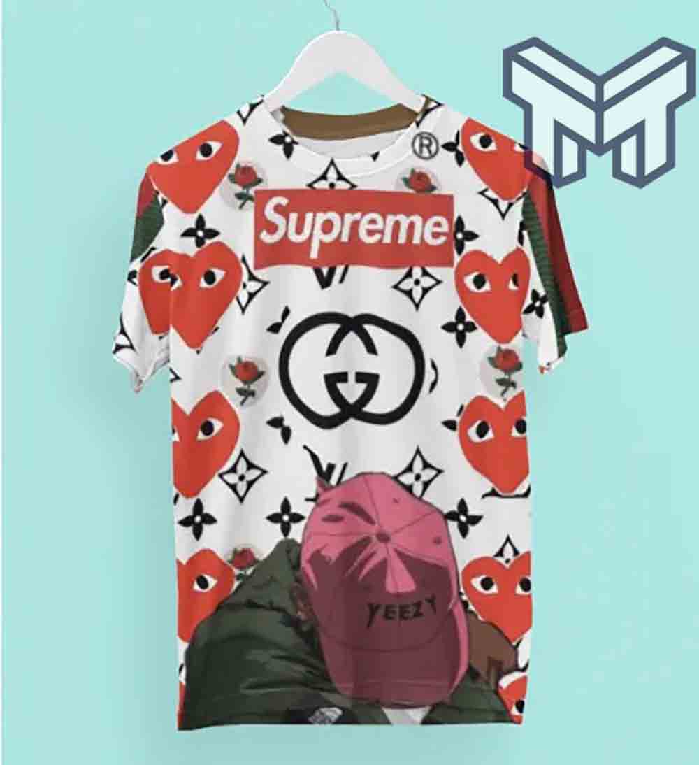 Louis Vuitton Shirt, Louis Vuitton Gucci Supreme Yeezy Cap Heart Pattern White Luxury Brand