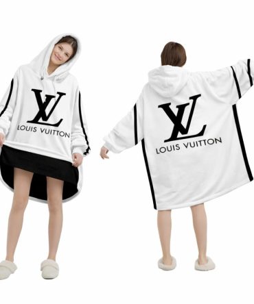 Luxury White And Black Louis Vuitton Blanket Hoodie , Cozy Wearable Blanket Hoodie