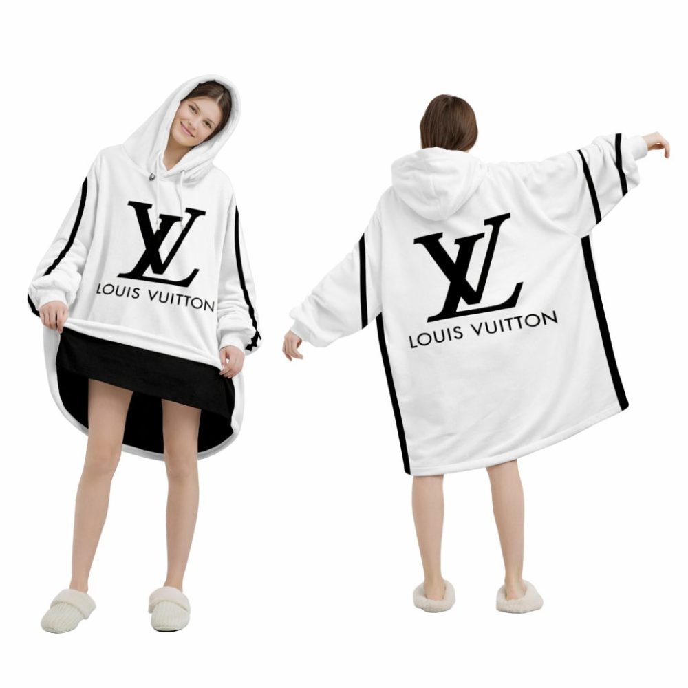 Luxury White And Black Louis Vuitton Blanket Hoodie , Cozy Wearable Blanket Hoodie