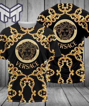 Versace T-Shirt, Versace Medusa Golden Pattern Black Luxury Brand Premium T-Shirt Outfit
