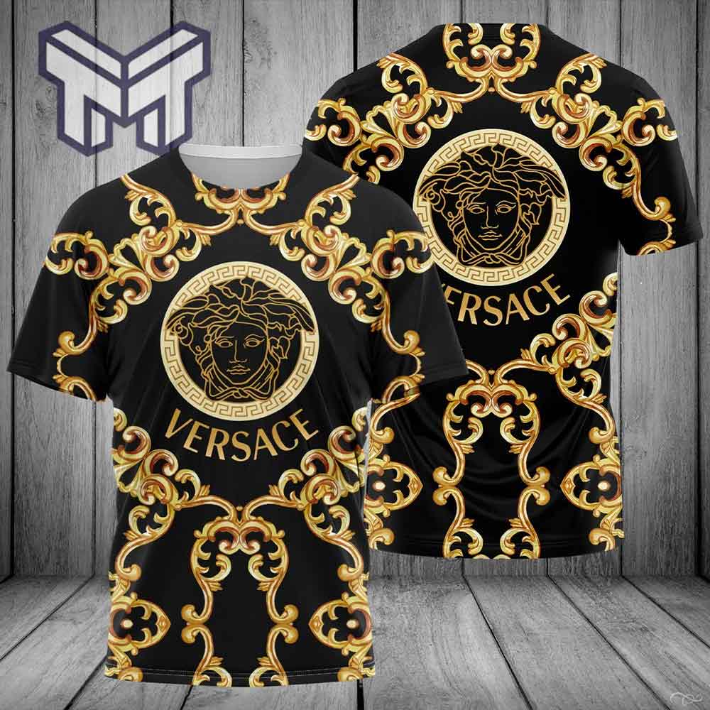 Versace T-Shirt, Versace Medusa Golden Pattern Black Luxury Brand Premium T-Shirt Outfit
